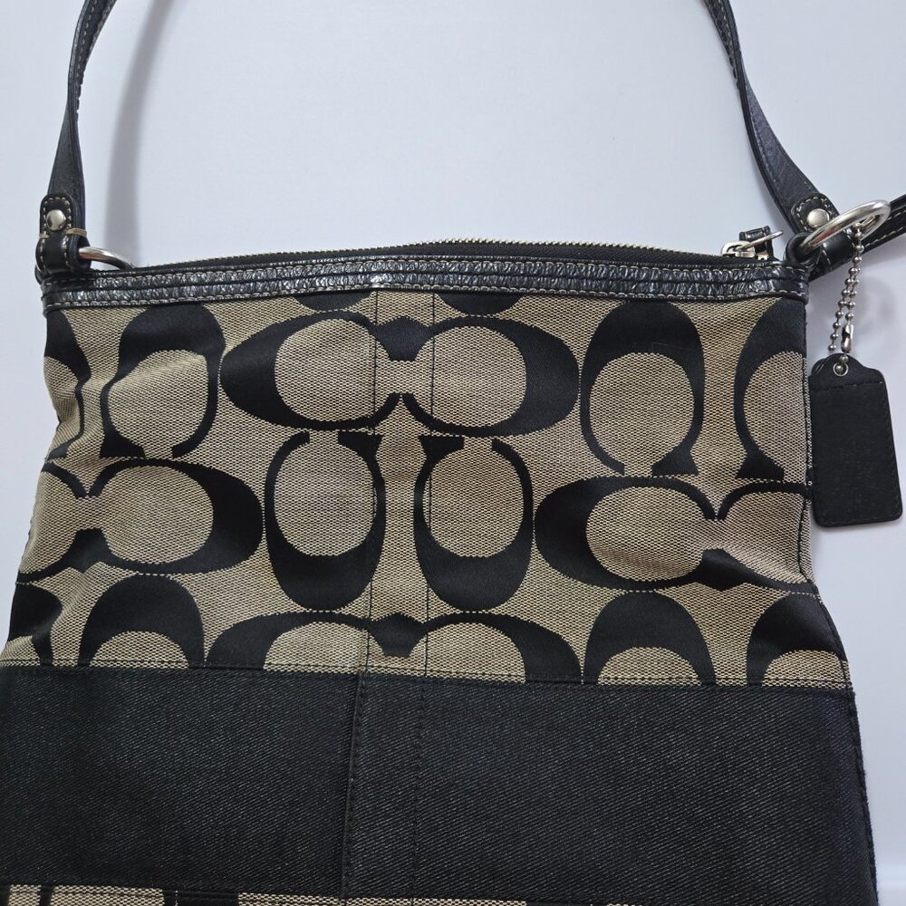 Signature Stripe Black Shoulder Handbag Tote Purse - Well Loved - Picture 2 of 14
